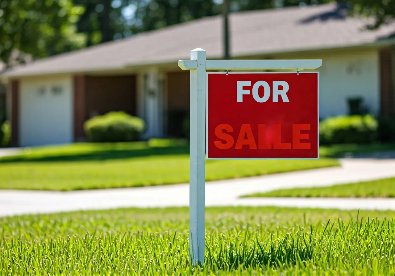 A For Sale sign in front of a suburban house. 35mm stock photo