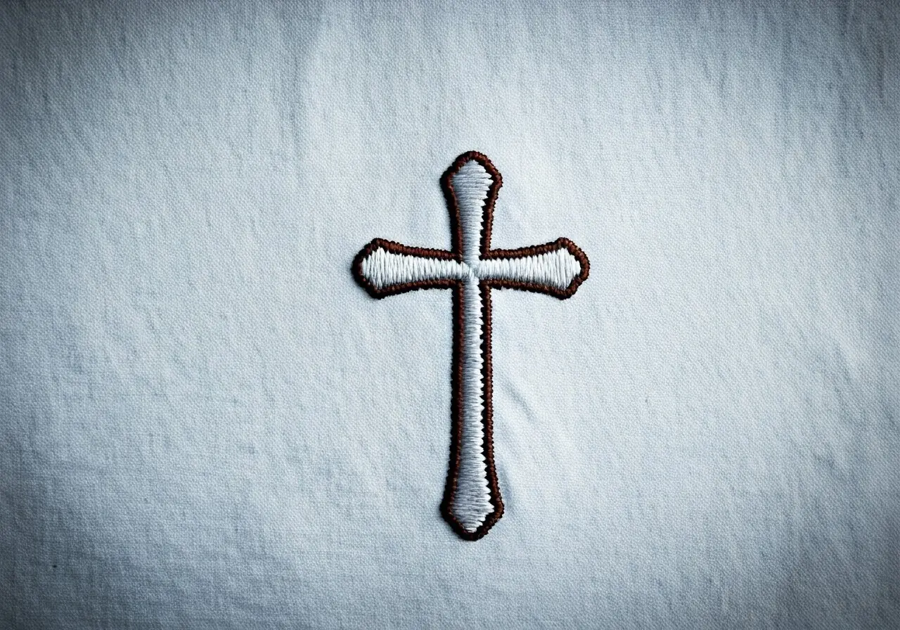 A cross embroidered on a soft, white cotton T-shirt. 35mm stock photo