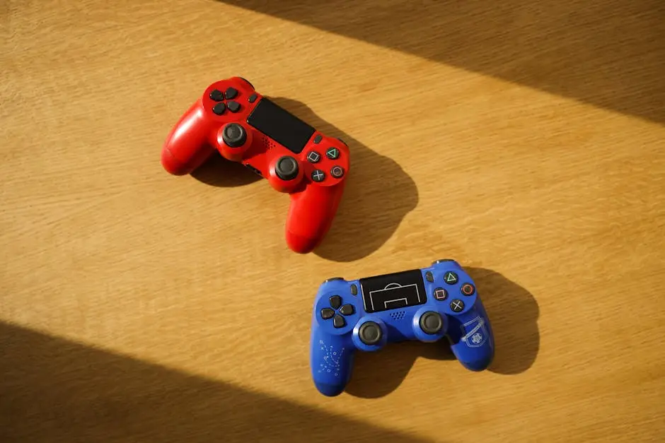 Two colorful gaming controllers placed on a wooden surface with sunlight casting shadows.