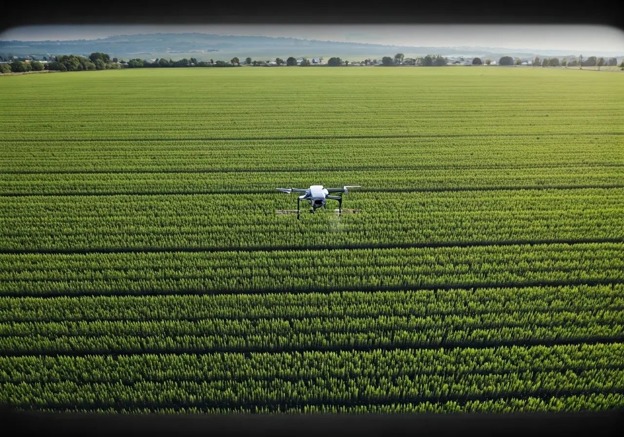 Aerial view of a drone spraying crops in a field. 35mm stock photo