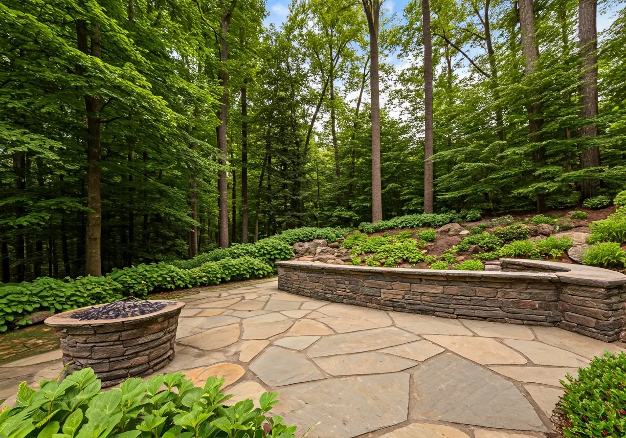 Stone patio with fire pit and lush garden backdrop. 35mm stock photo