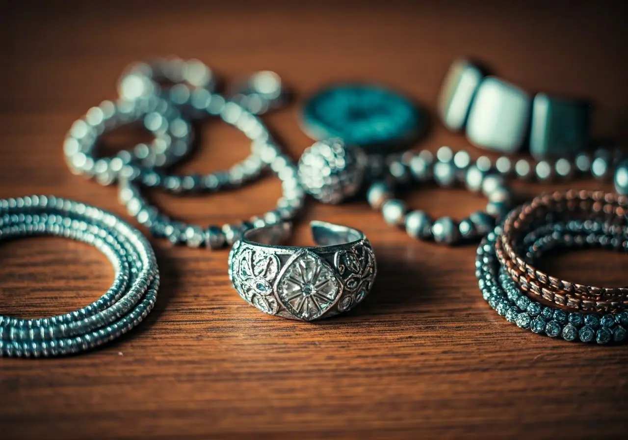 A close-up of assorted jewelry on a wooden table. 35mm stock photo