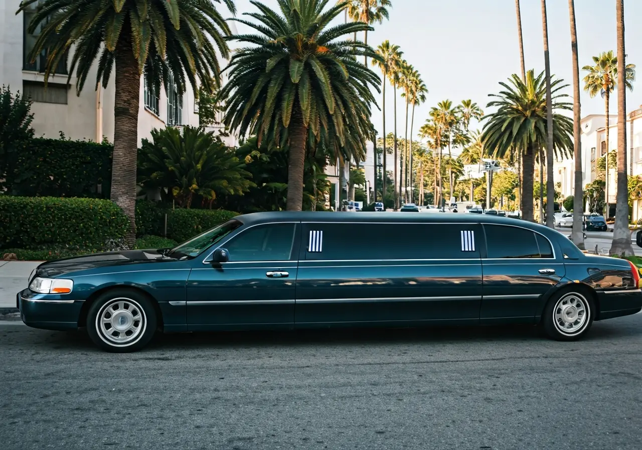 A sleek limousine parked on a palm-lined Beverly Hills street. 35mm stock photo