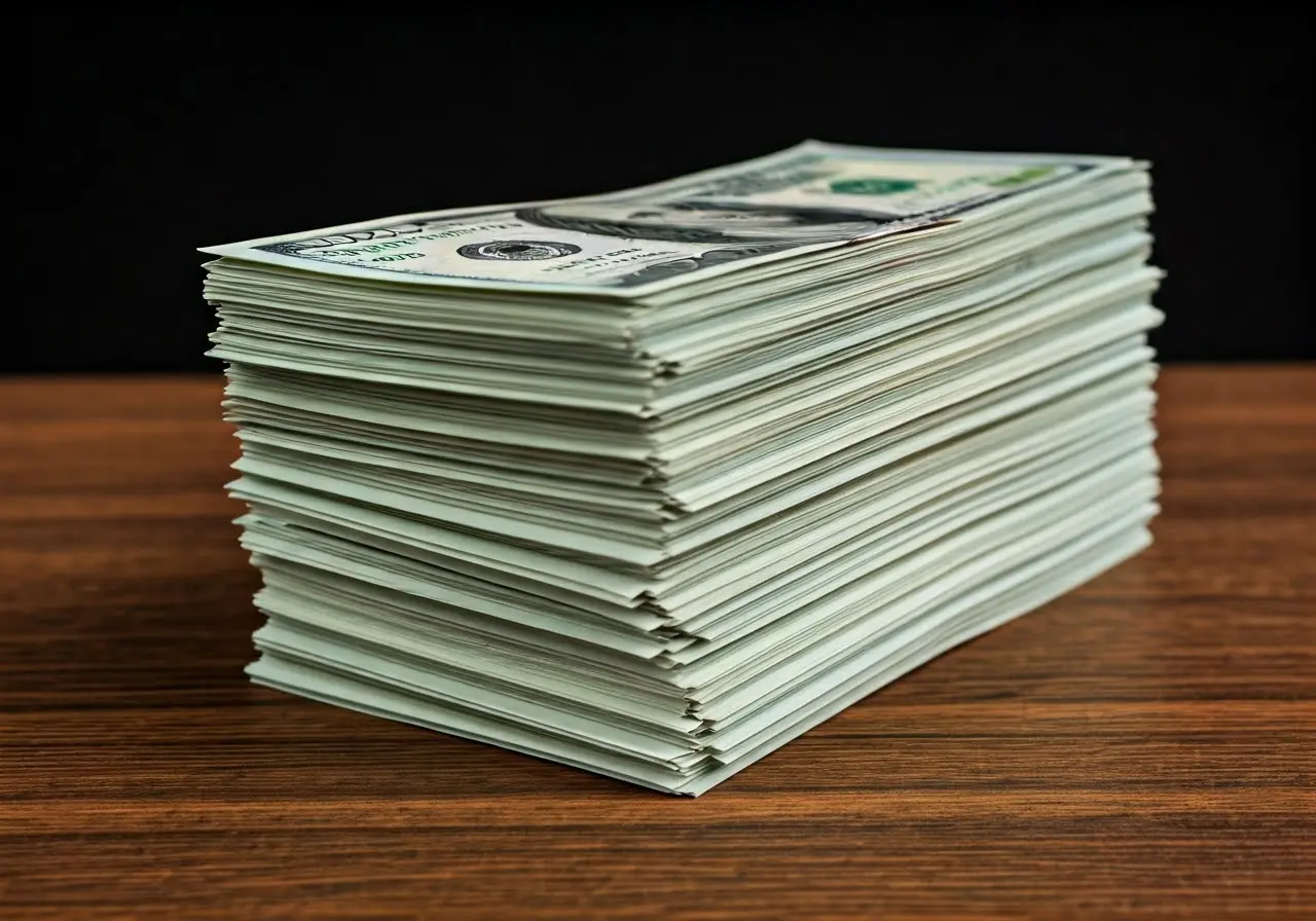 An image of dollar bills stacked neatly on a table. 35mm stock photo