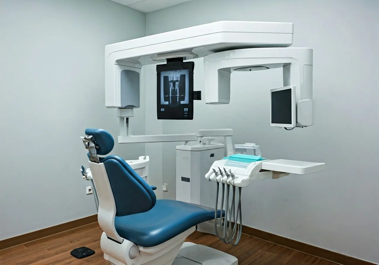 A dental chair with x-ray equipment in a clean clinic. 35mm stock photo