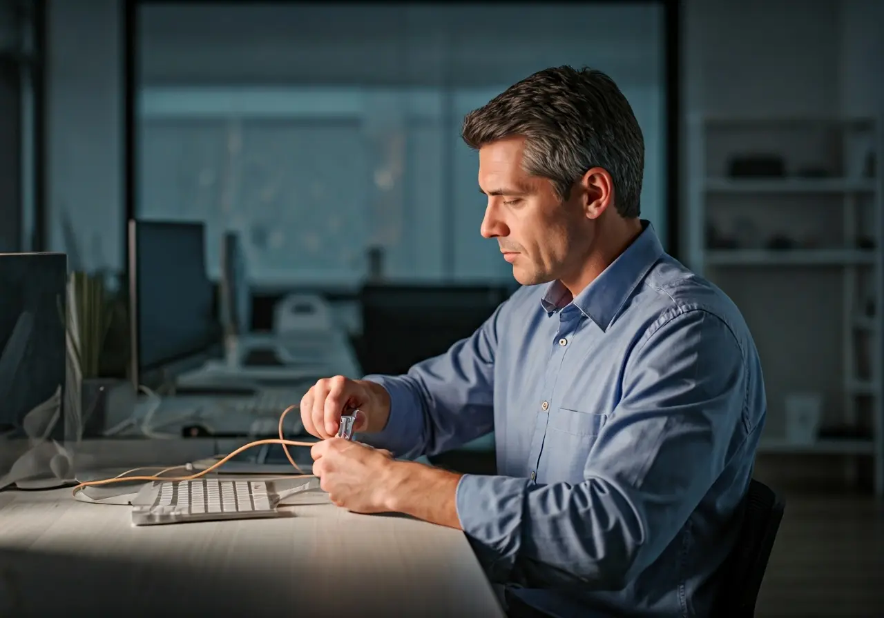 A technician installing network cables in a modern office. 35mm stock photo