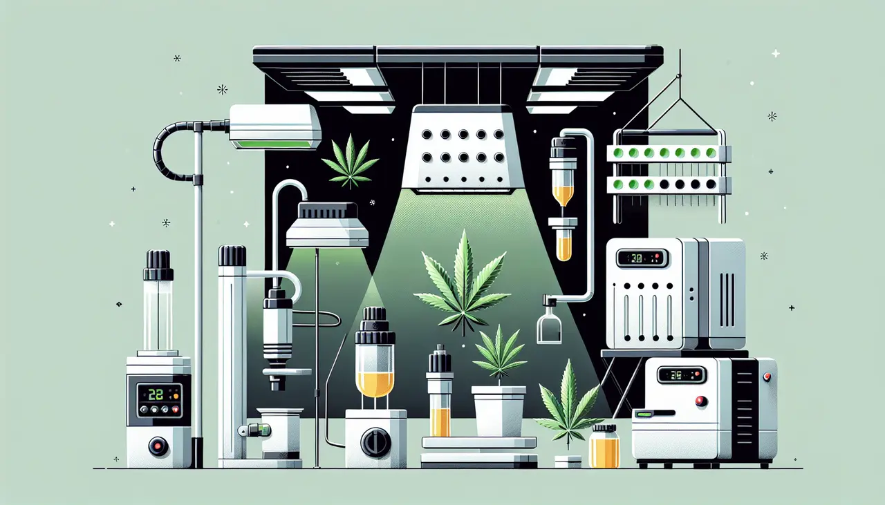 Draw a graphic in flat design style. A modern, flat design illustration of various sleek cannabis industry equipment, such as LED grow lights, hydroponics setup, and extraction machines, neatly arranged on a plain background.