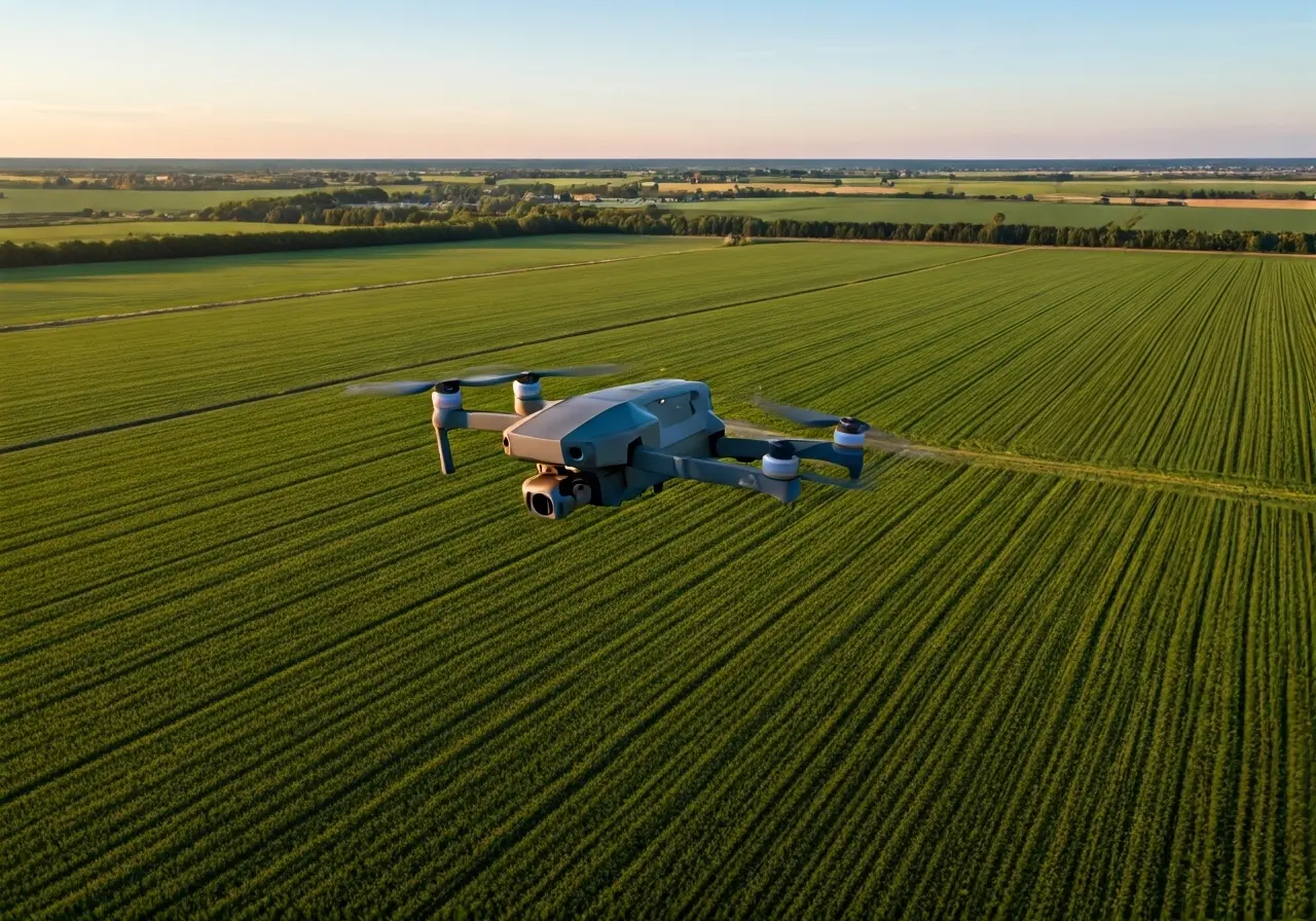 Aerial view of DJI T50 drone flying over farmland. 35mm stock photo
