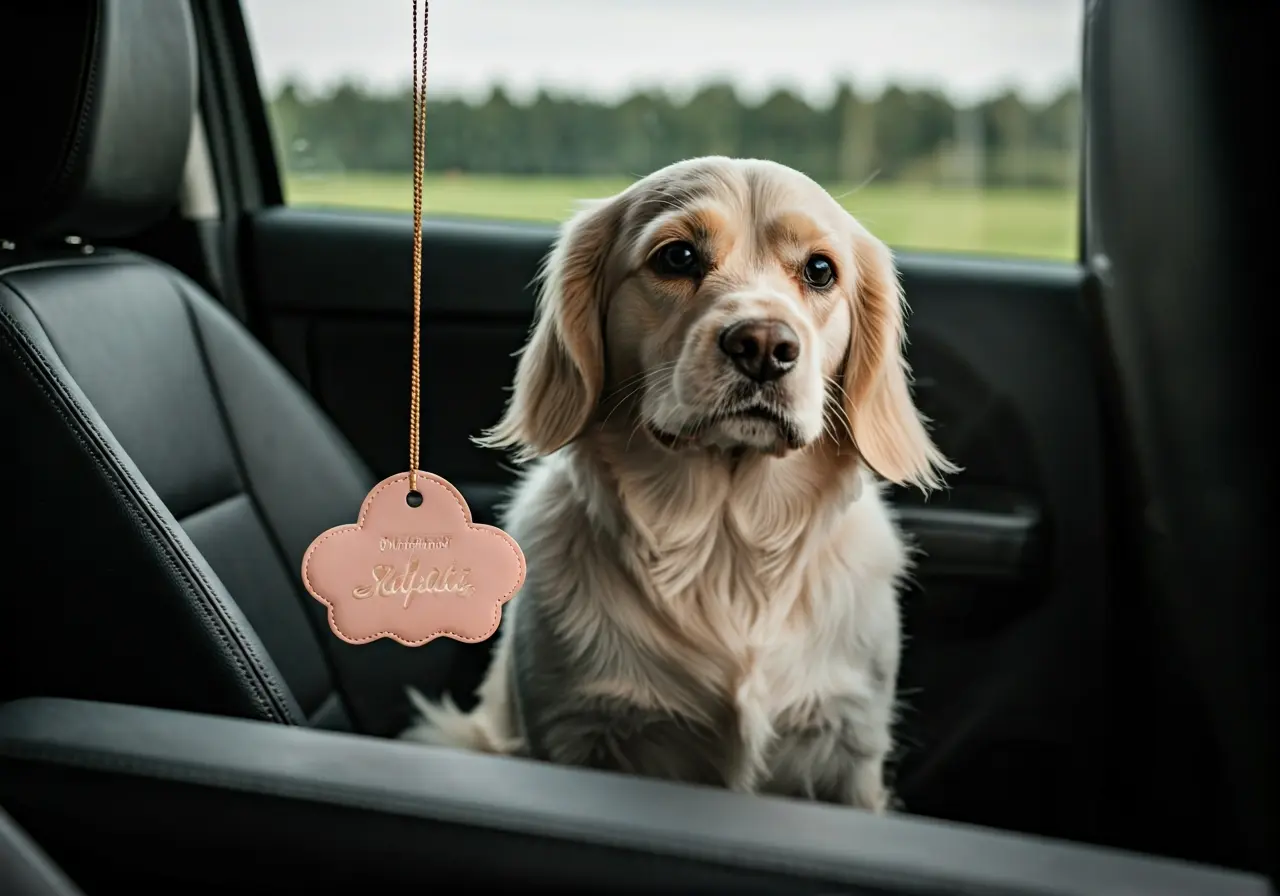 A dog sits in a car with a soft air freshener. 35mm stock photo