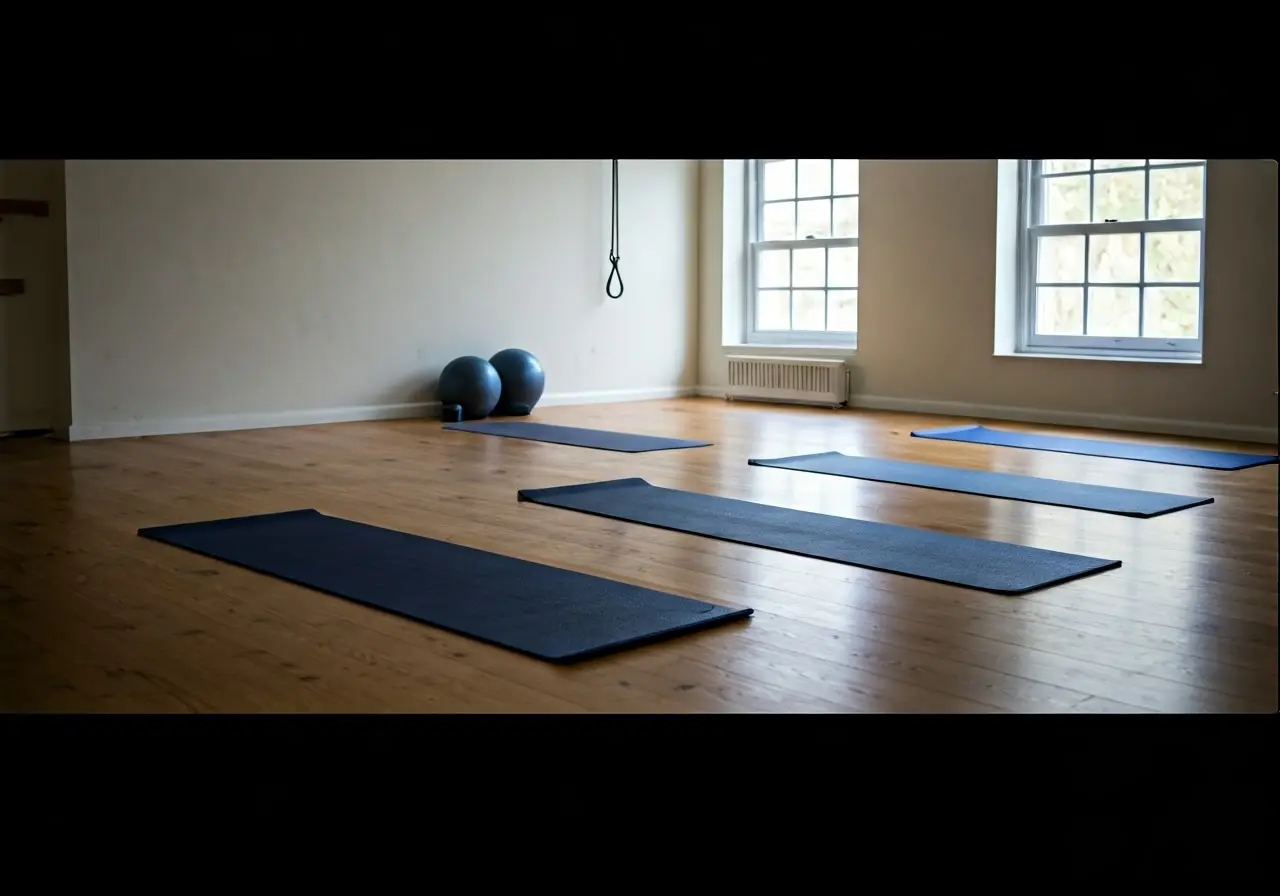 A serene yoga studio with mats and stretching equipment. 35mm stock photo