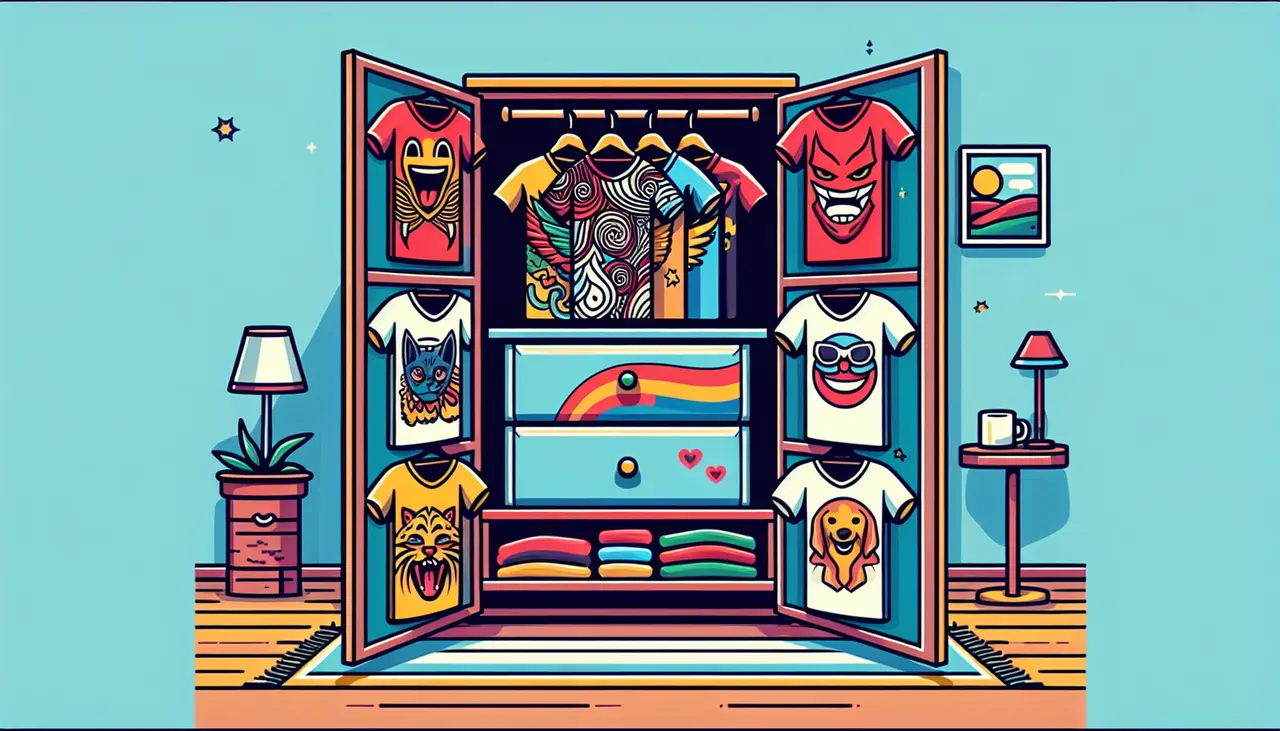 Draw a graphic in flat design style. A colorful flat design of a wardrobe with an open door, showcasing ten vividly designed funny t-shirts neatly hanging inside.