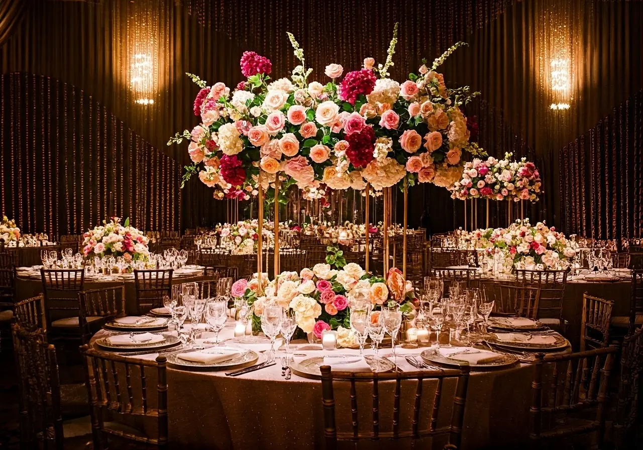 A lavishly decorated event venue with elegant floral arrangements. 35mm stock photo