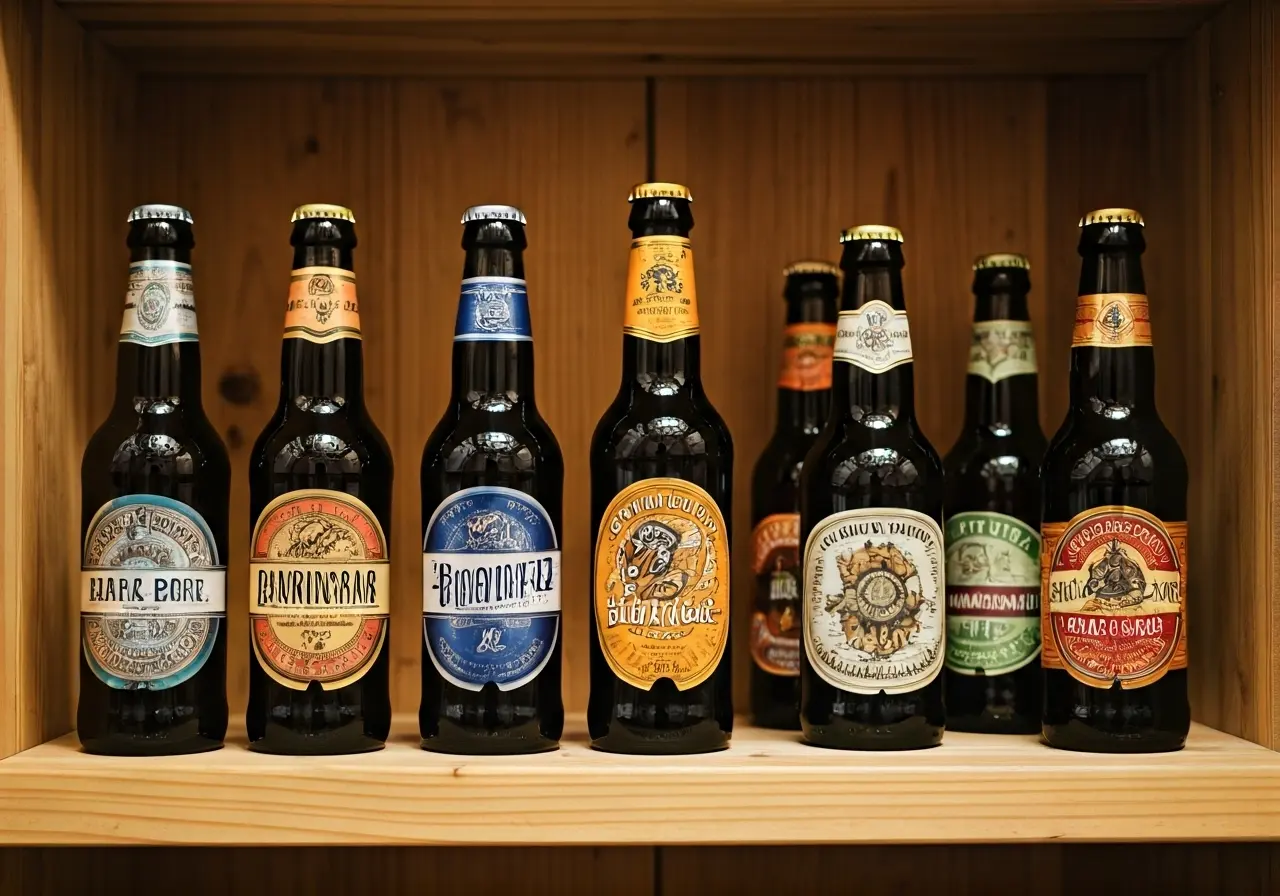 A variety of colorful craft beer bottles on a wooden shelf. 35mm stock photo