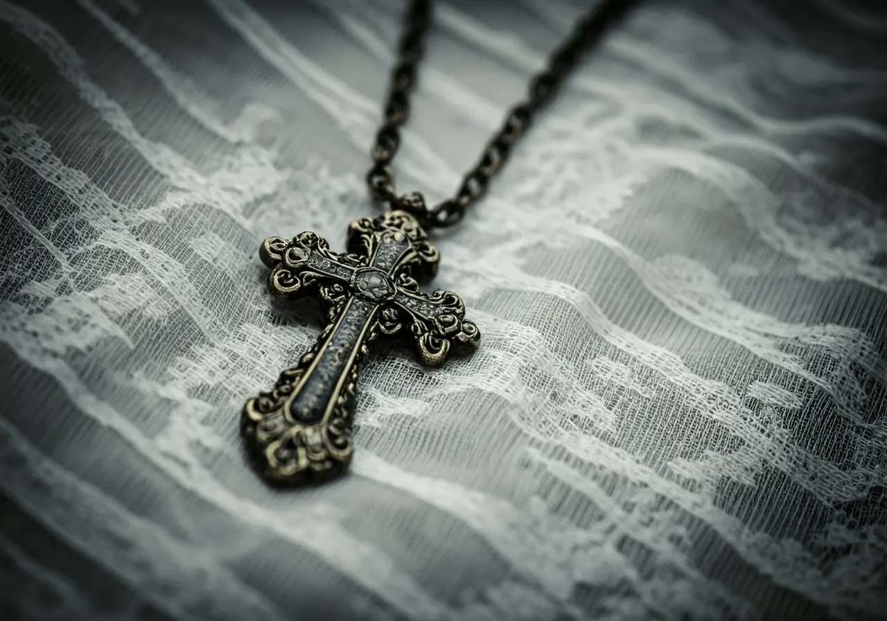 A cross pendant resting on a white lace fabric. 35mm stock photo