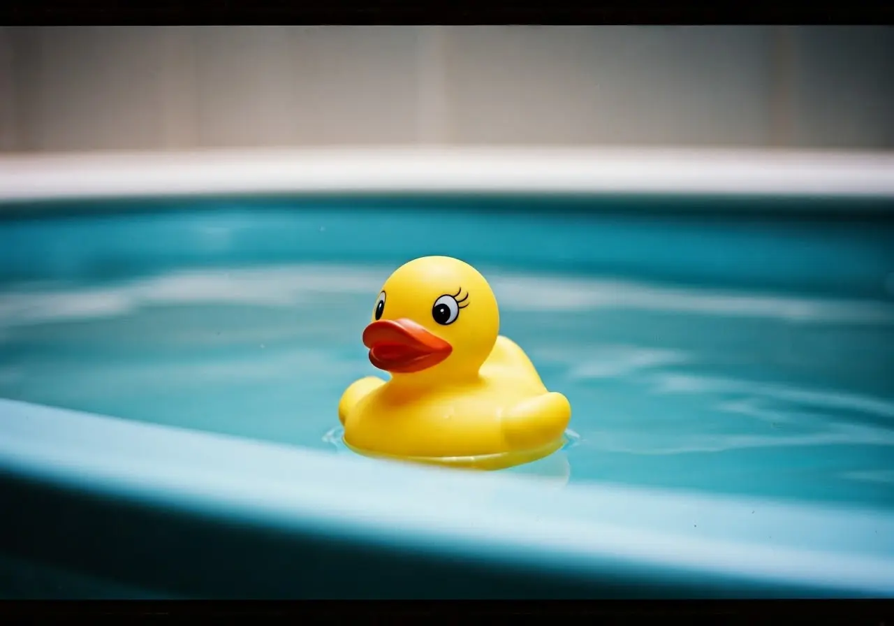 A rubber duck floating in a baby bathtub. 35mm stock photo