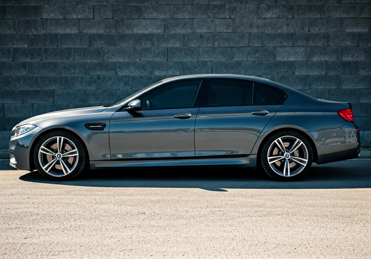 A sleek car with tinted windows parked in sunlight. 35mm stock photo
