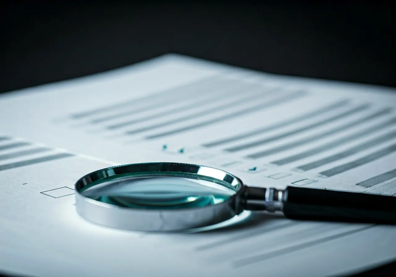 A magnifying glass over documents with checkmarks and checklists. 35mm stock photo