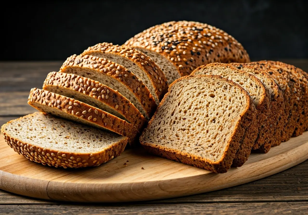 A variety of sliced keto breads on a wooden board. 35mm stock photo