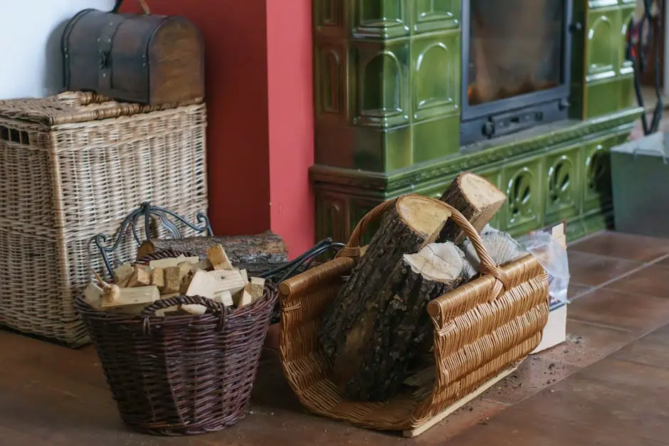 Charming indoor setting with a rustic fireplace, firewood, and woven baskets, evoking warmth and comfort.