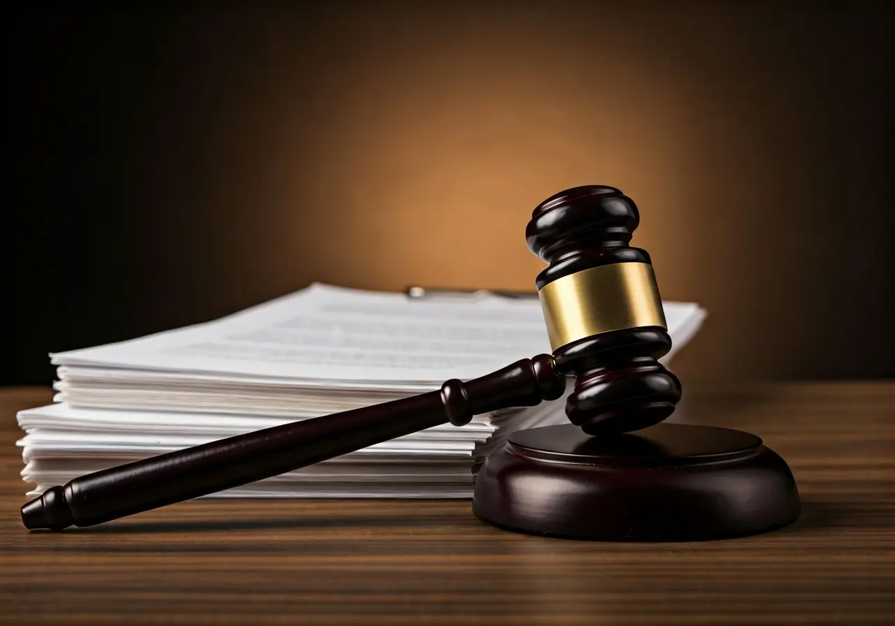 A gavel resting on a stack of legal documents. 35mm stock photo
