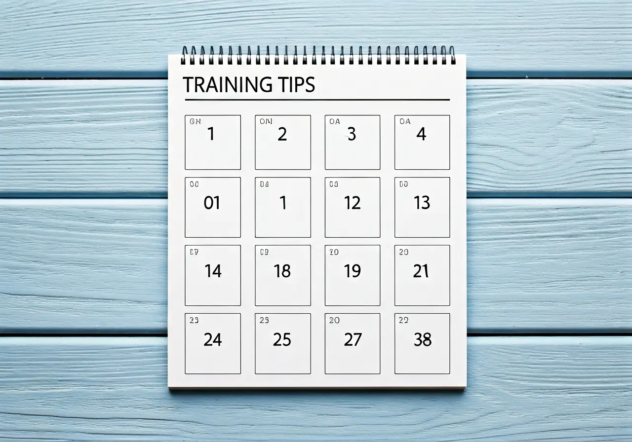 A calendar with dog training tips written in each square. 35mm stock photo