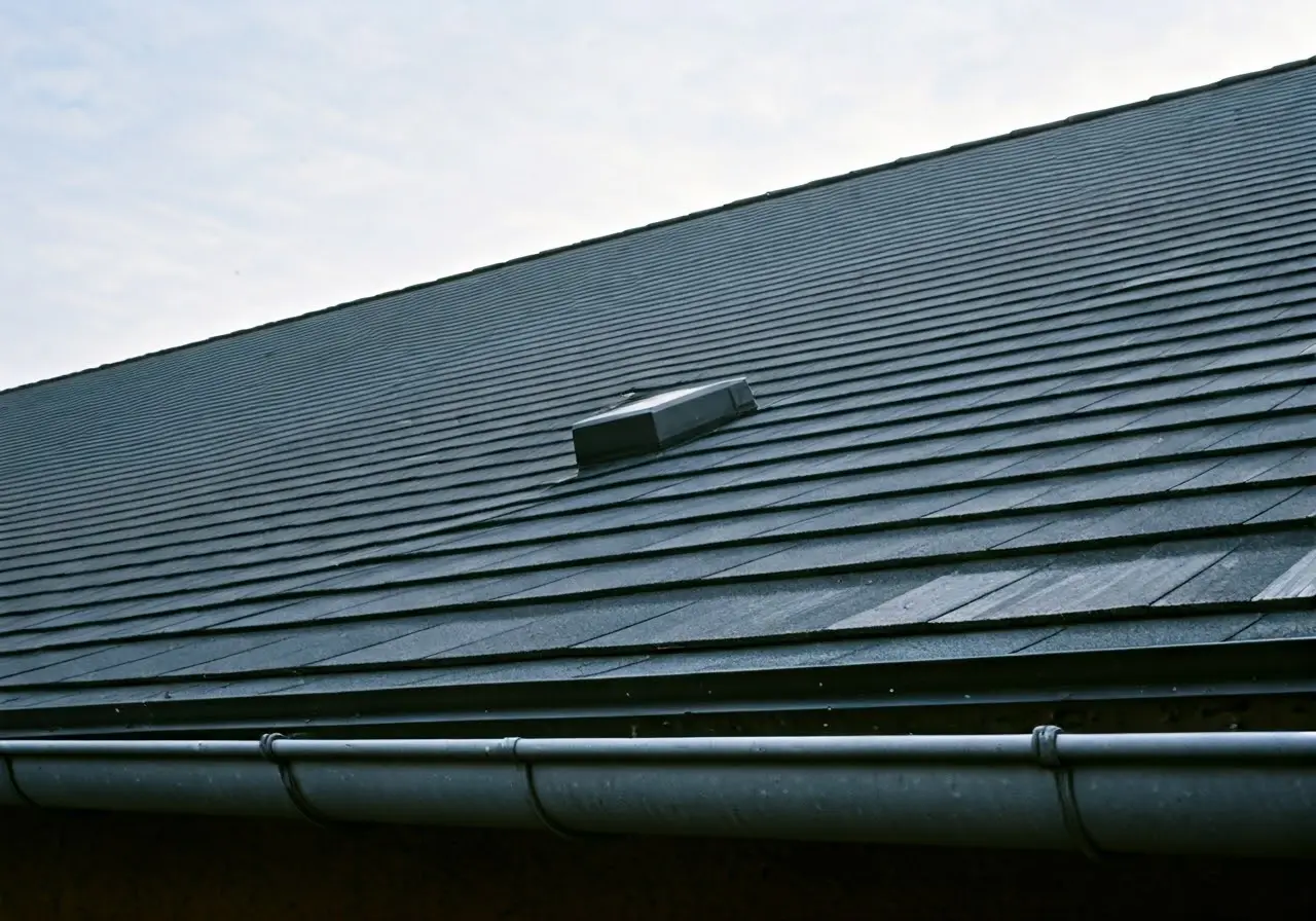 A rooftop with shiny, newly replaced shingles and clear gutters. 35mm stock photo