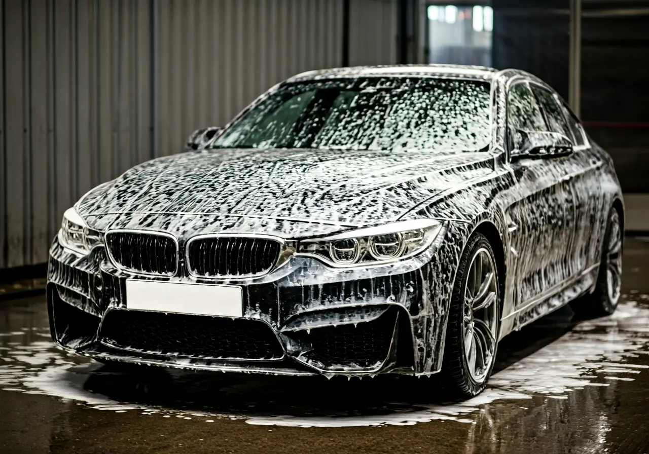 A shiny car under soap suds at a London car wash. 35mm stock photo