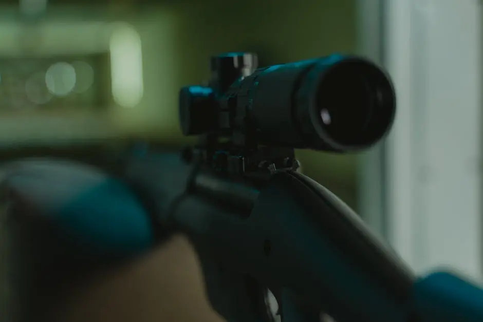 Focused image of a rifle with a mounted scope in a controlled environment.
