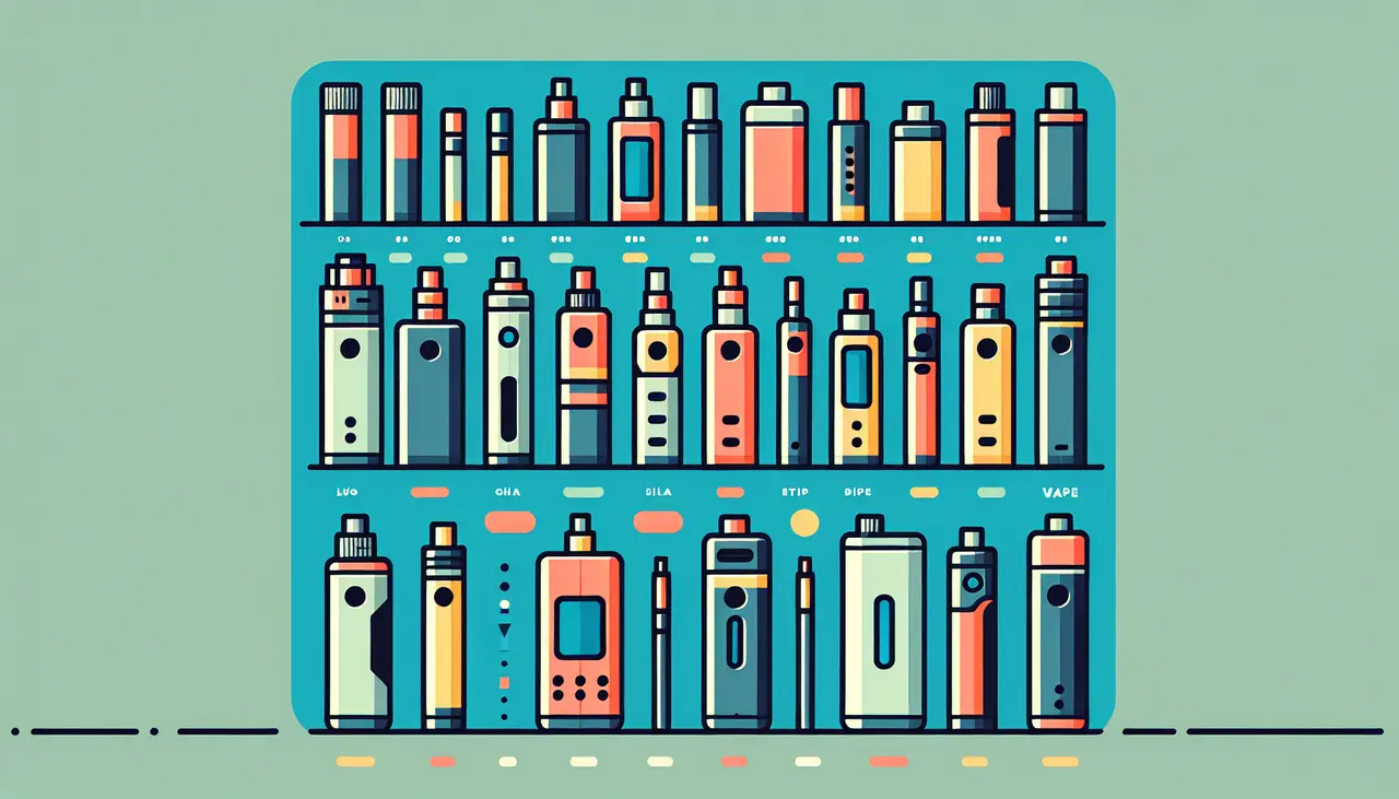 Draw a graphic in flat design style. A flat design illustration of different types of vape batteries with labels, arranged neatly on a simple background.