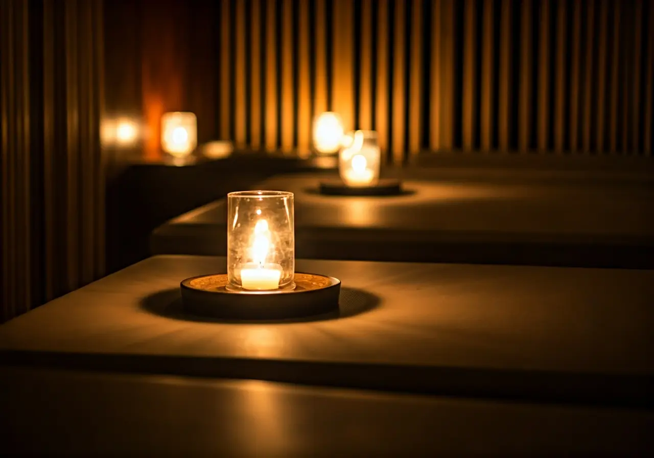 A serene spa setting with elegant decor and soft lighting. 35mm stock photo