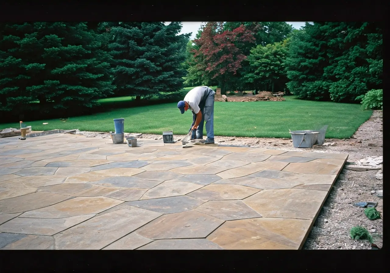 A skilled craftsman building a stone patio under clear skies. 35mm stock photo