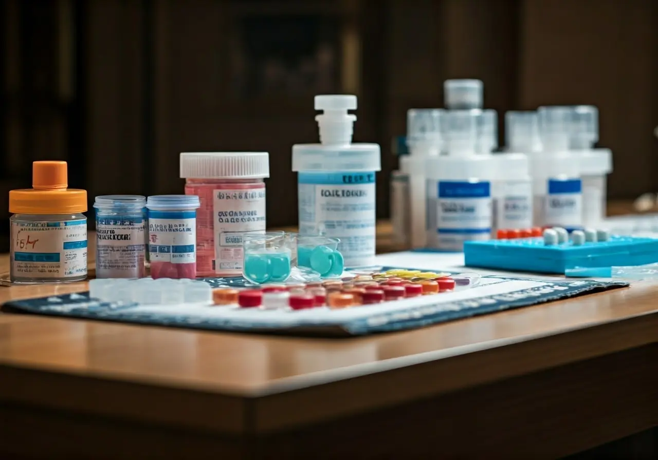A variety of colorful medical testing kits on a table. 35mm stock photo