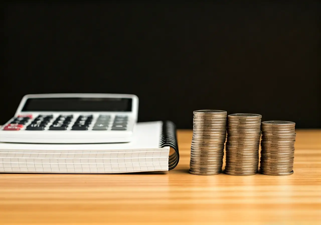 A calculator and notebook next to stacks of coins. 35mm stock photo