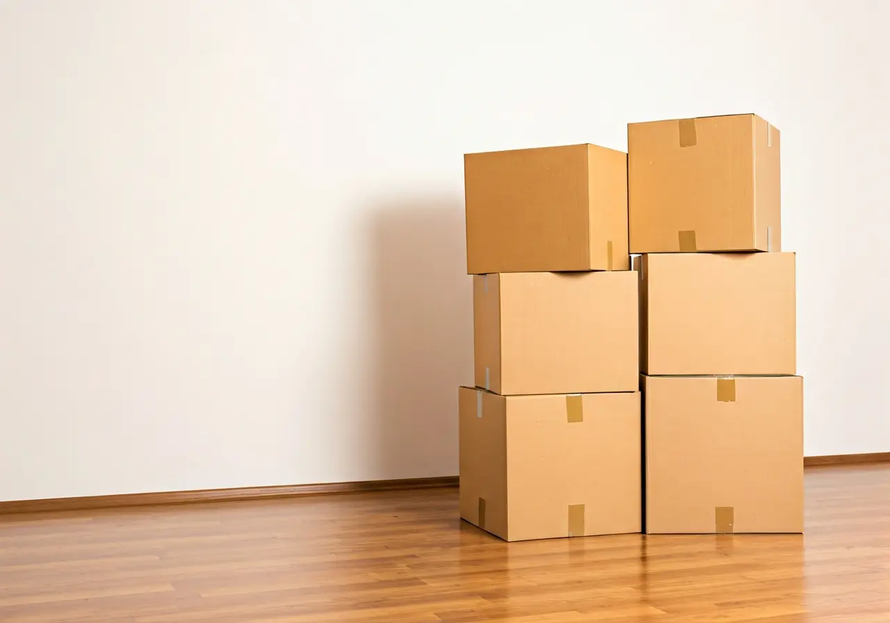 A stack of moving boxes in an empty room. 35mm stock photo