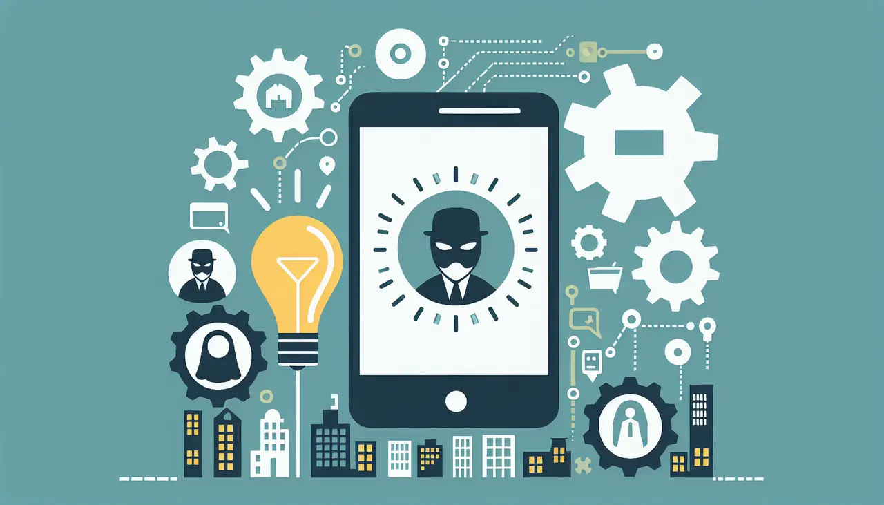 Draw a graphic in flat design style. A minimalist smartphone screen with icons representing Richmond landmarks, surrounded by gears and a lightbulb.