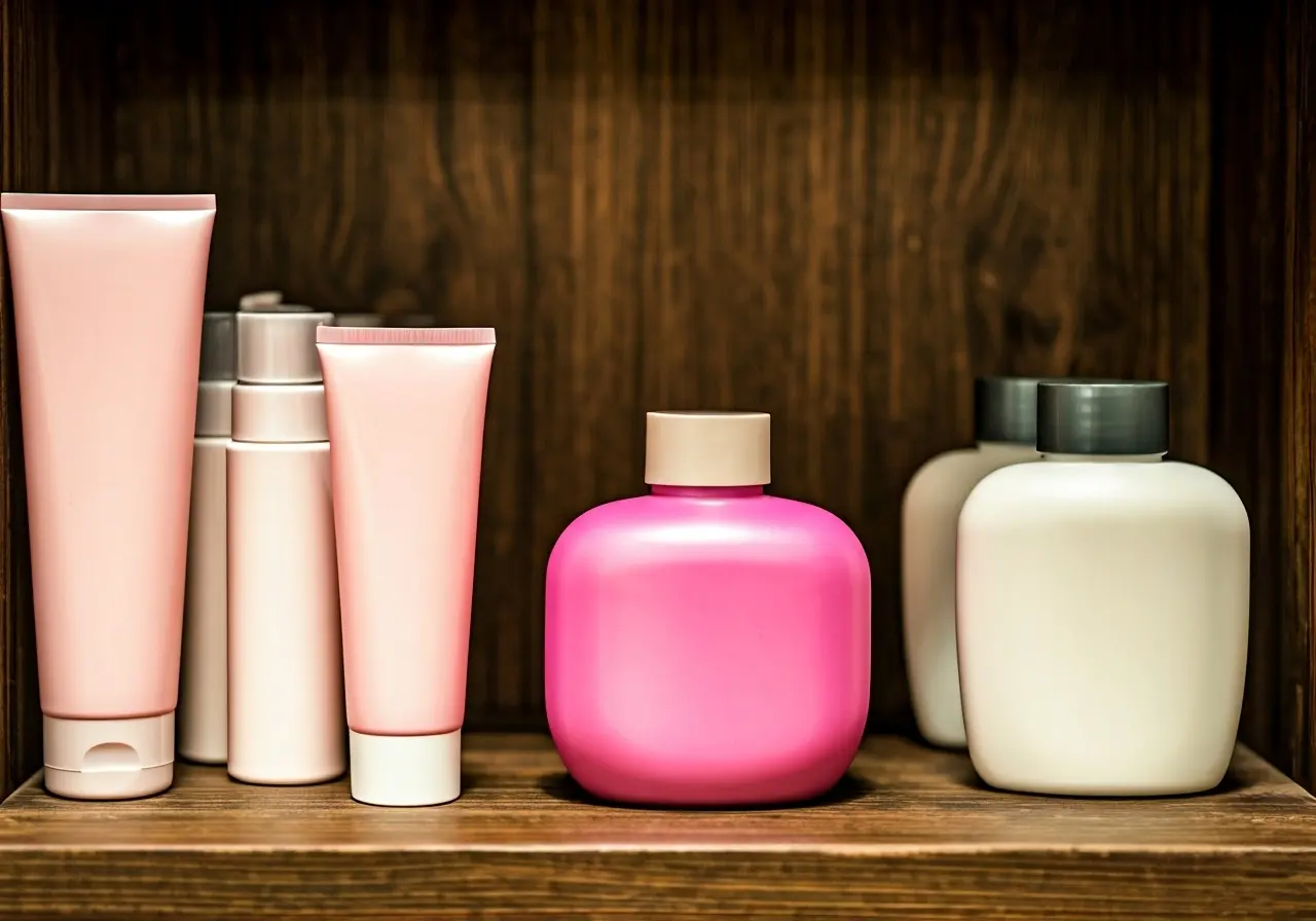 Close-up of various hair care products on a wooden shelf. 35mm stock photo