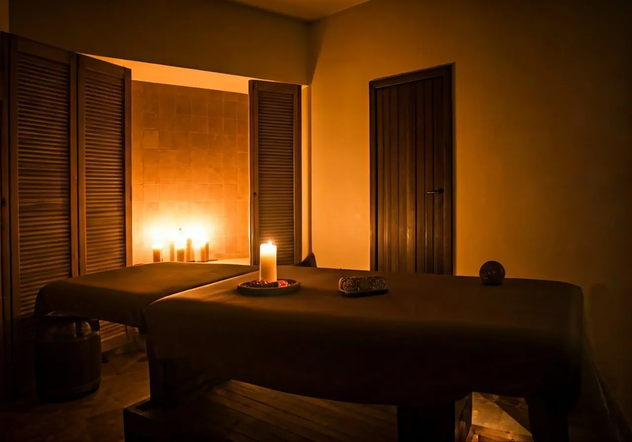 A tranquil spa room with a massage table and candles. 35mm stock photo