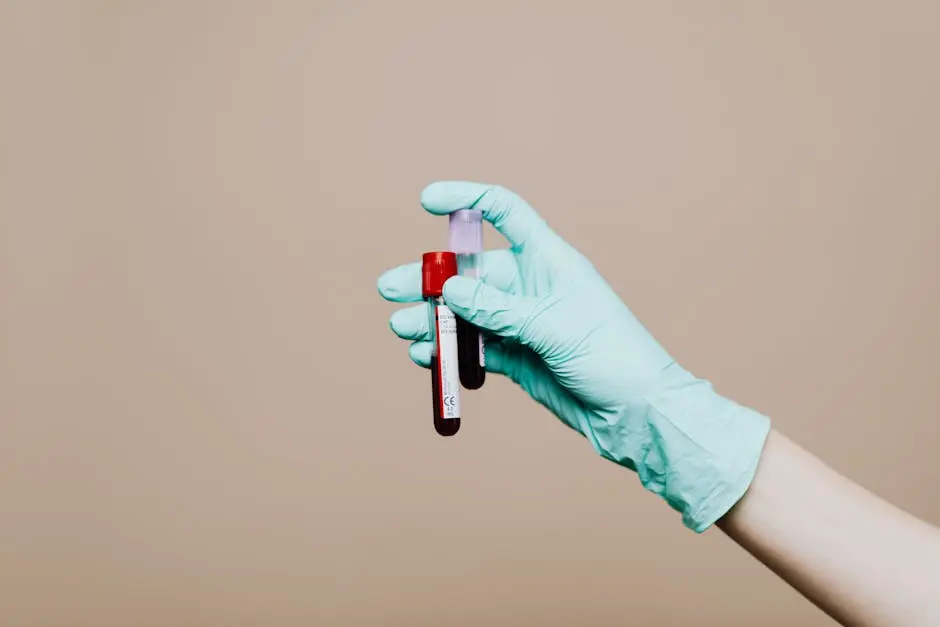 Close-up of a gloved hand holding blood test tubes against neutral background.