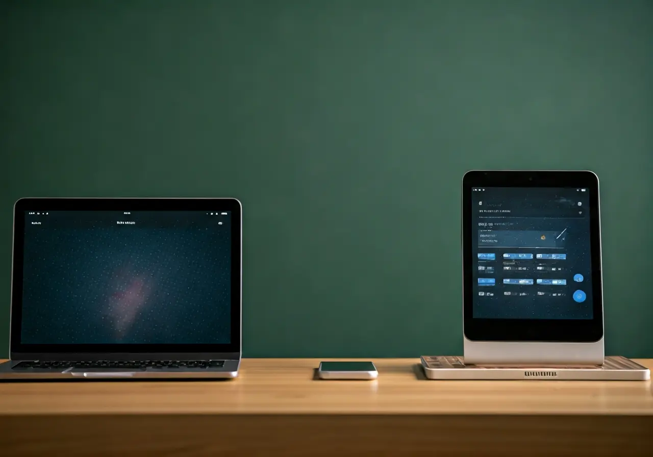 A modern office desk with various digital devices and apps. 35mm stock photo