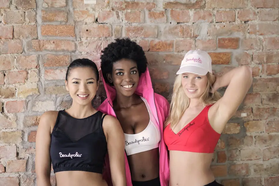 A group of three diverse women smiling and posing in stylish activewear against a brick wall.