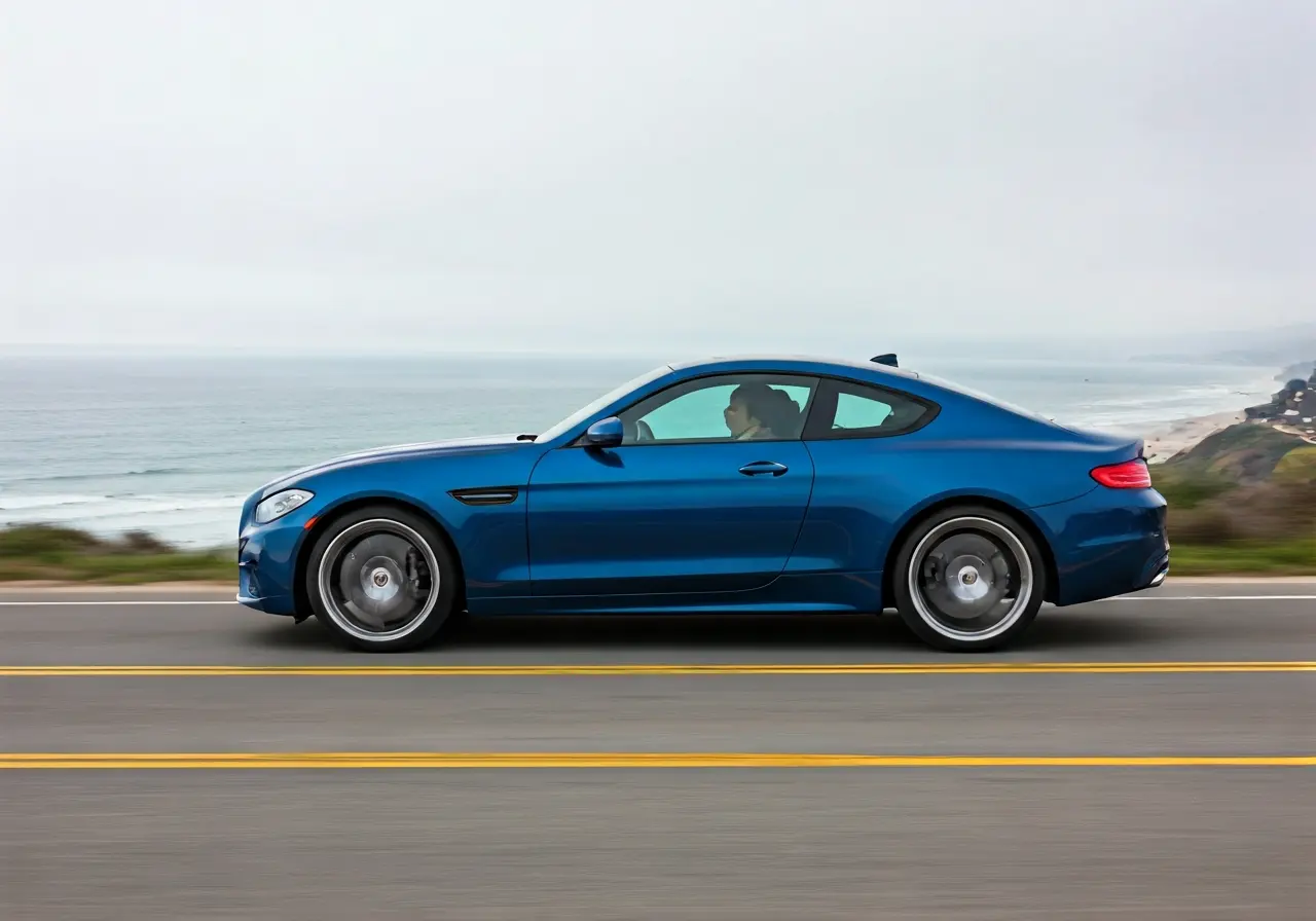 A luxurious car drives along the scenic Malibu coastline. 35mm stock photo