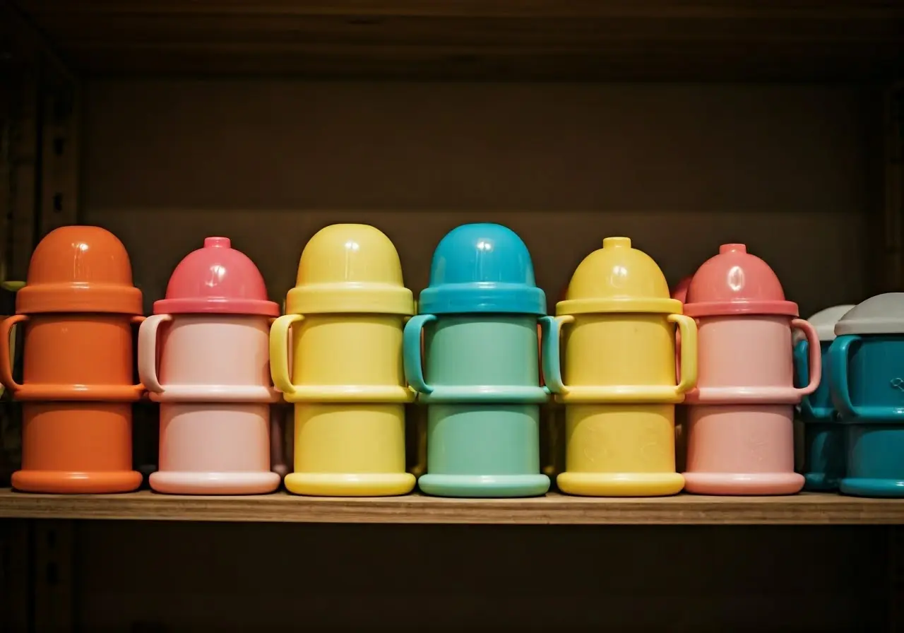 A colorful assortment of baby cups displayed on a shelf. 35mm stock photo