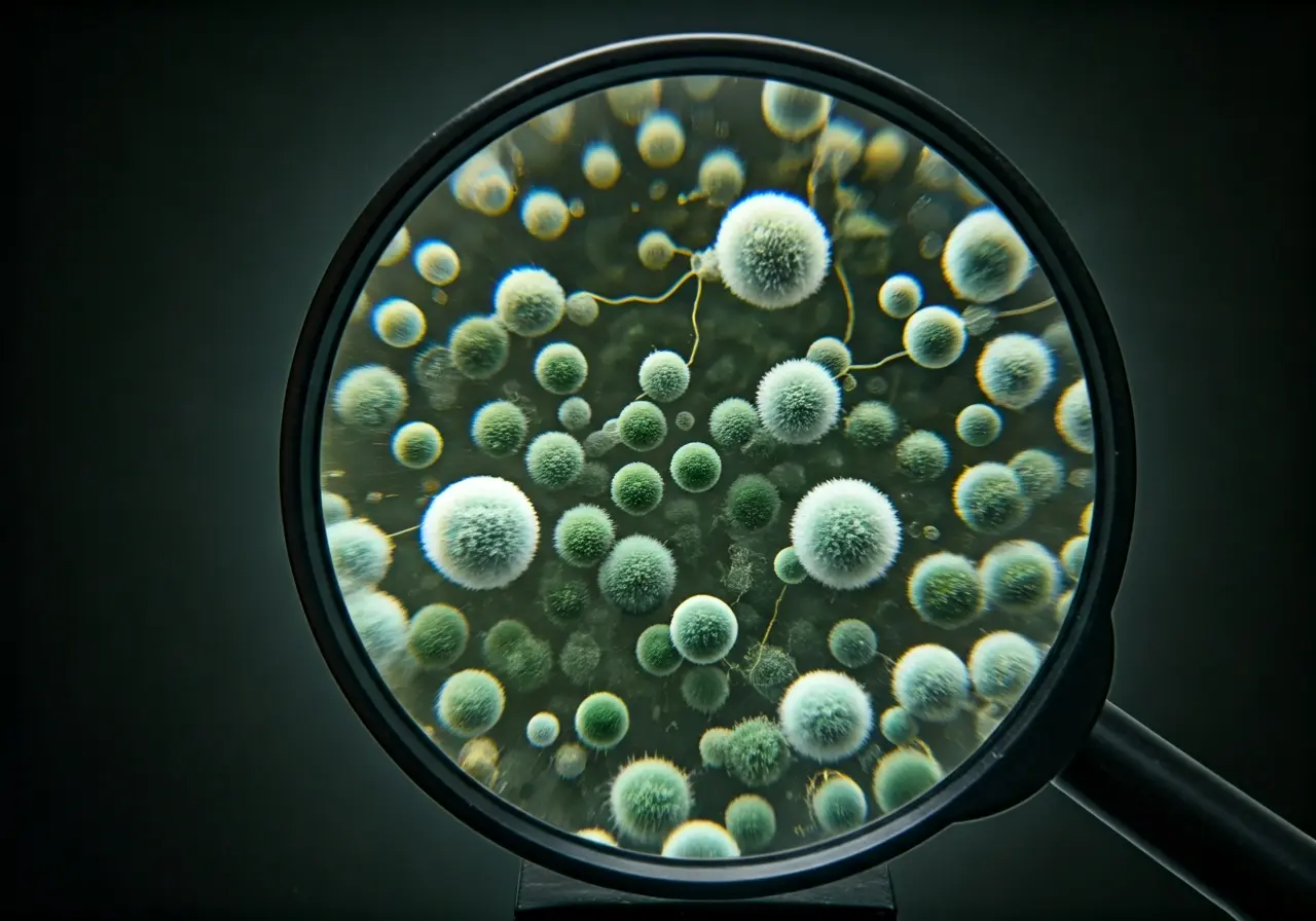 A close-up of mold spores under a magnifying glass. 35mm stock photo