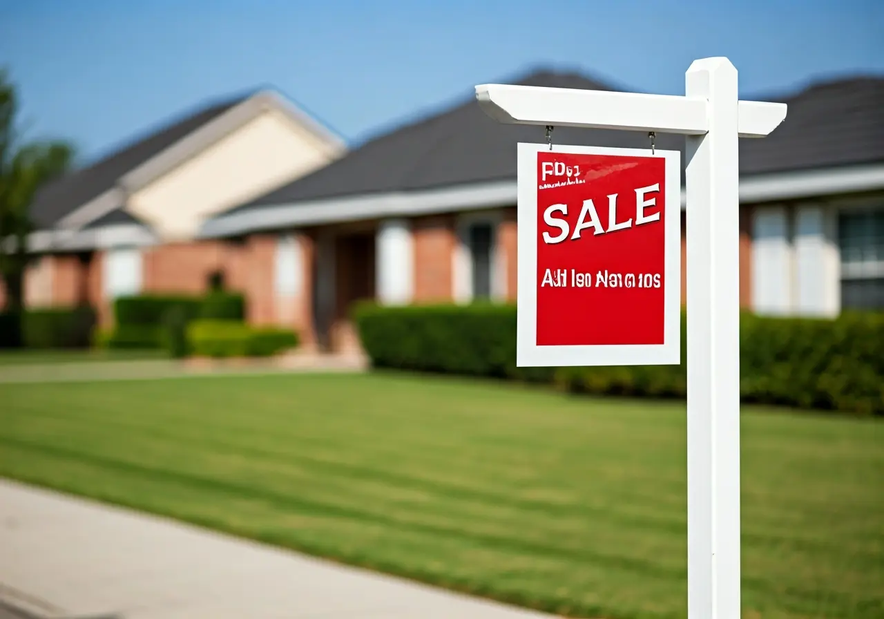 A For Sale sign in front of a suburban house. 35mm stock photo