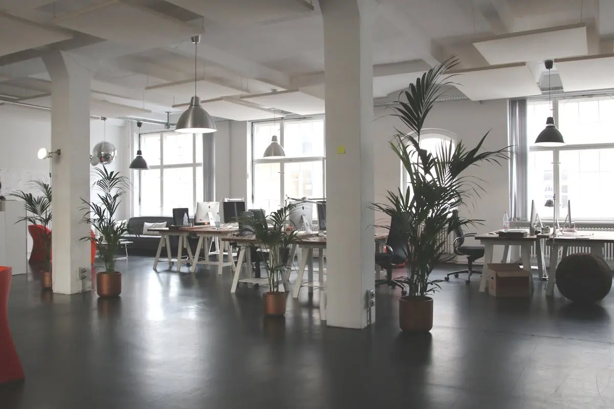 Spacious modern office interior with desks, plants, and natural lighting in Berlin.