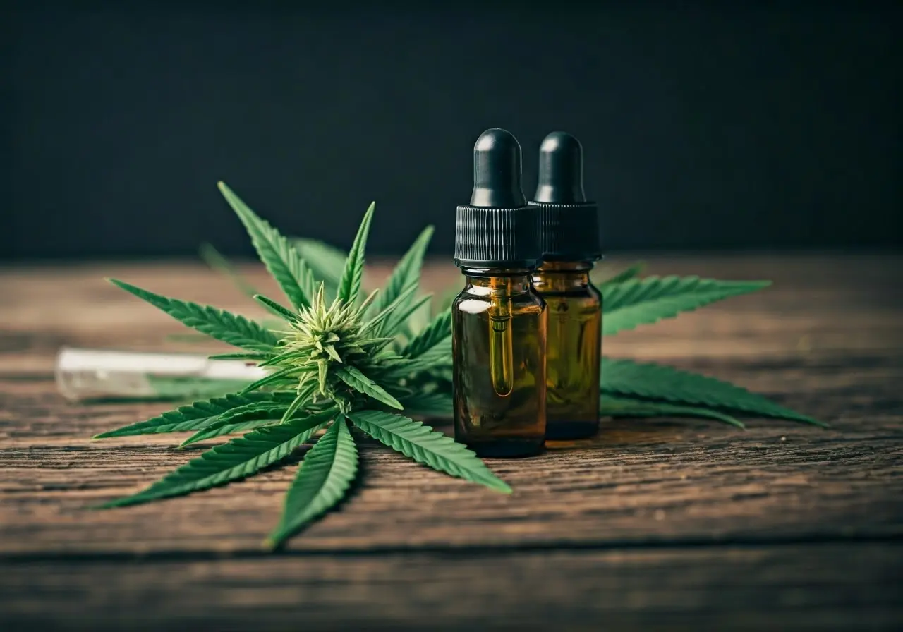 A close-up of cannabis leaves and terpene bottles. 35mm stock photo