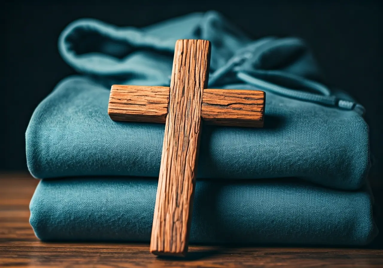 A rustic wooden cross lying on a folded hoodie. 35mm stock photo