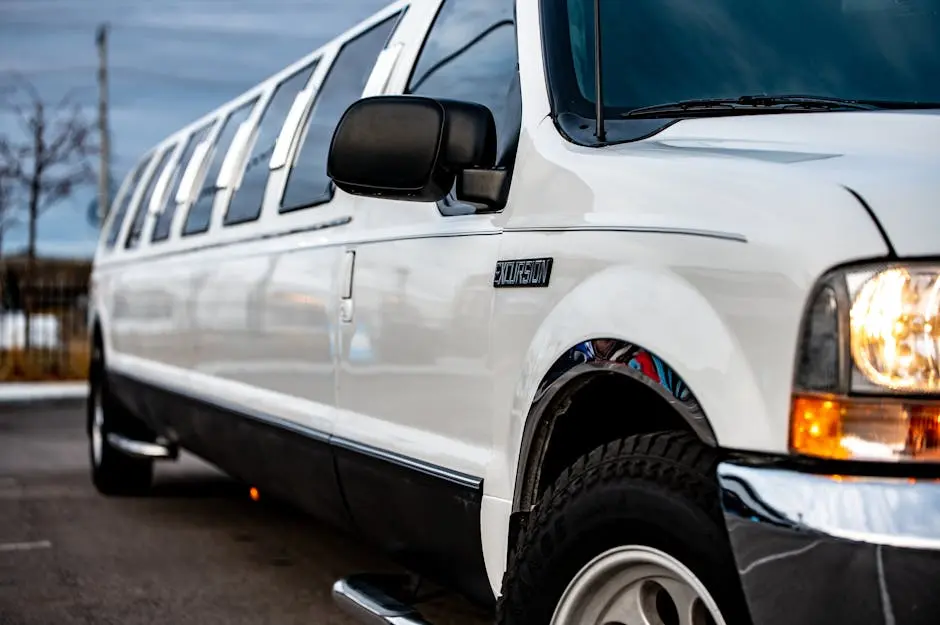 Elegant white limousine parked on the street, showcasing luxury transportation.