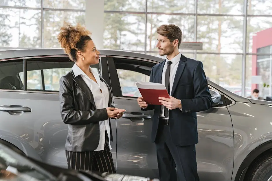 A woman discussing car purchase with a dealer inside a car dealership showroom.