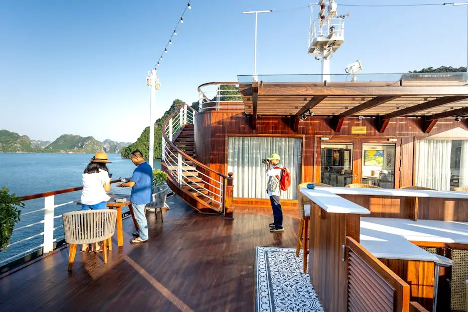 A vibrant cruise ship deck with tourists enjoying the sea view, perfect for travel and leisure concepts.